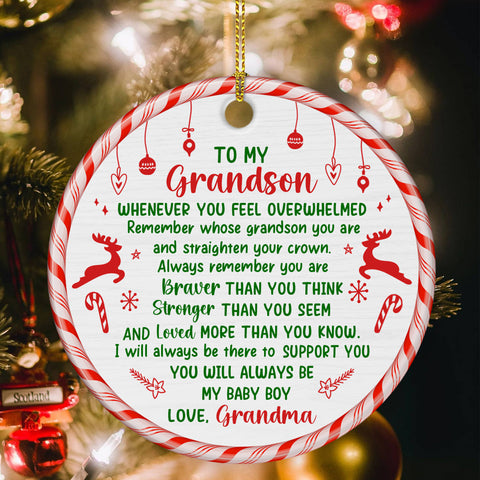 Grandsons Gifts, Remember Whose Grandson You Are Christmas Candy Cane Theme Circle Ceramic Ornament, Personalized Christmas Ornament, Gifts For Boys From Nana, Xmas Tree Decor