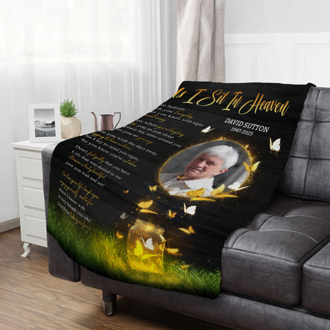 Sympathy Gifts, Memorial Blanket With Photo, Heaven Remembrance, Glowing Butterflies Artwork, Portrait Photo Center, Personalized Name, Comfort Message From Heaven, Loss Of Mom Dad