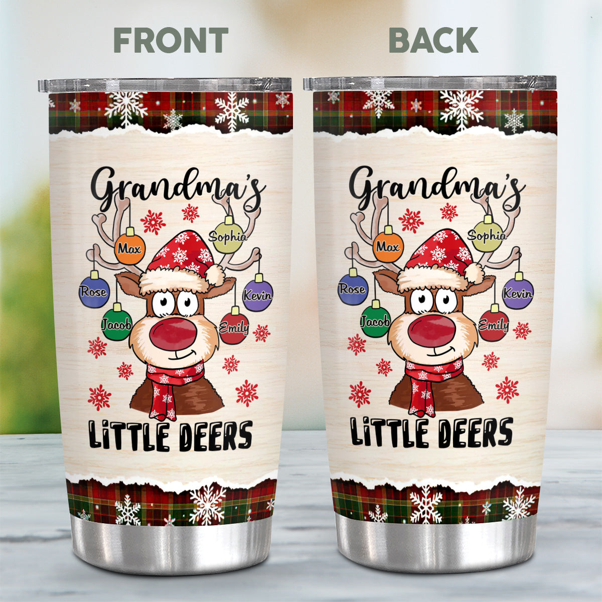 Grandmas Little Deers Custom Tumbler, Personalized Christmas Reindeer Ornament Travel Cup, Insulated Cup, Cute Festive Reindeer Name Travel Tumbler,  Gifts For Nana From Grandkids, 20oz