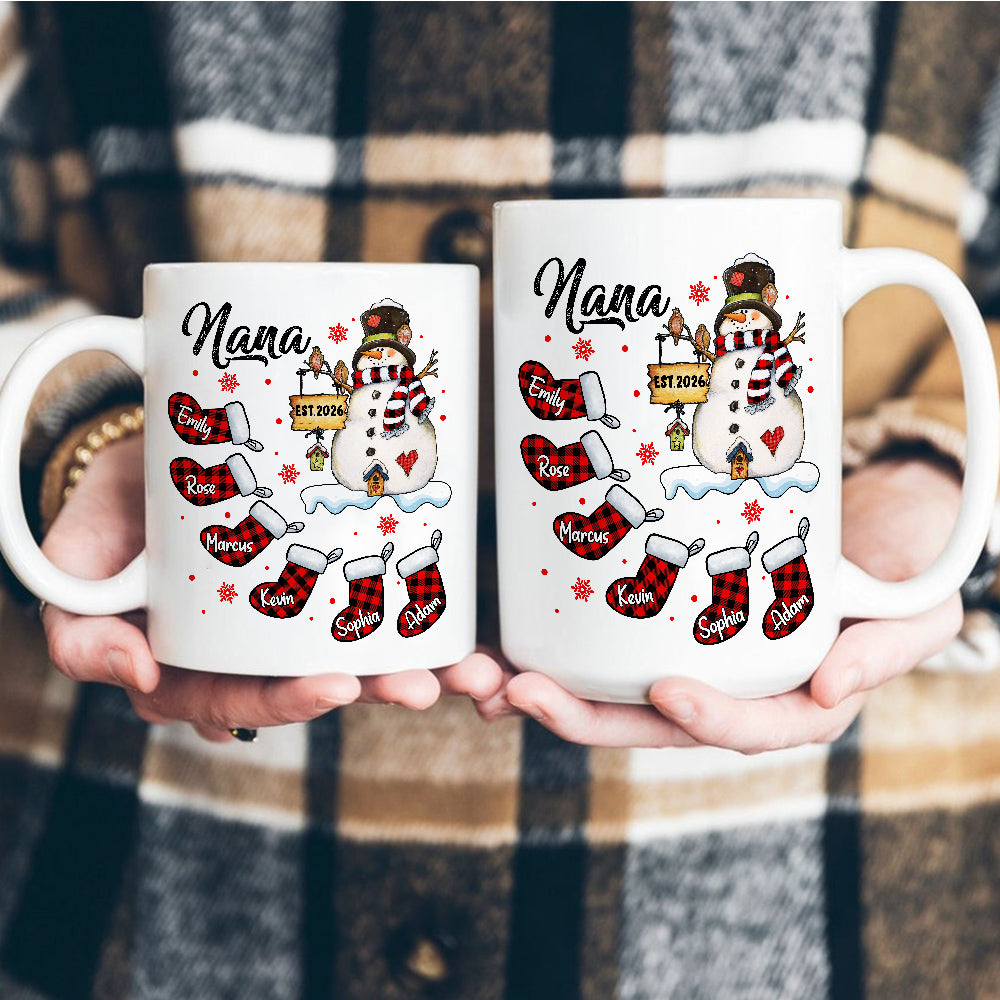Grandma Gifts, Custom Nana Est Year Mug, Buffalo Plaid Christmas Stocking Cup, Personalized Grandchild Name Drinkware, Holiday Family Drinkware, Festive Drinkware, Personalized Coffee Mug, Gifts For Nana From Grandkids, Novelty Ceramic Cup 11 15oz, Gifts