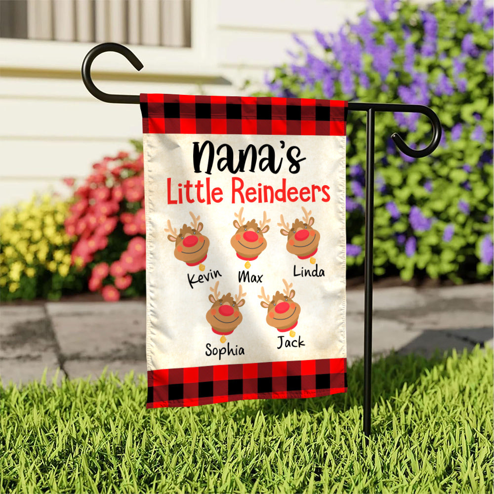 Nana's Little Reindeers Garden Flag, Custom Grandkids Names Outdoor Banner, Red Plaid Yard Decor, Christmas Reindeer Names Yard Sign, Holiday Decor Garden Flag, Gifts For Grandkids