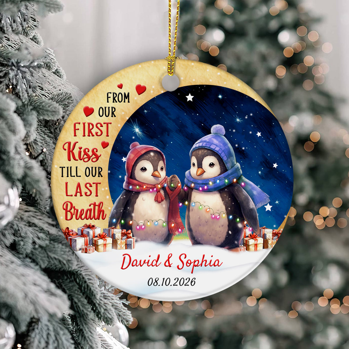 From Our First Kisses Till Our Last Breathes Penguin Couple Crescents Moon, Penguin Holiday Tree Decoration, Penguins Couple Keepsake, Xmas Ornament, Personalized Christmas Ornament