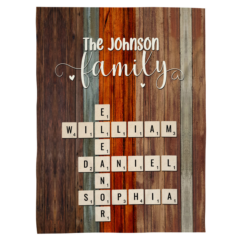 Crossword Style Name Layout, Rustic Wood Background Cozy Blanket, Family Blanket With Personalized Name, Personalized Family  Gifts For Mom Dad From Daughter Son Children