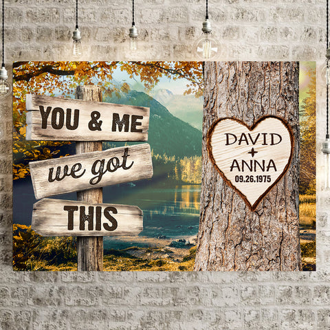 Personalized Couple Poster We Got Rustic Wood Sign Print Custom Name & Date Heart On Tree Autumn Forest Landscape, You & Me, Gifts For Him Her From Honey, Canvas Prints Wall Decor