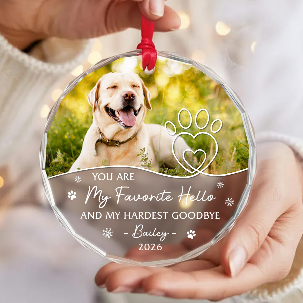 My Favorite Hello My Hardest Goodbye Pawdog Snowflake, Memorial Pattern, Holiday Keepsake, Custom Remembrance Names, Tree Decor, Pet Memorial Keepsake Circle Glass Ornament