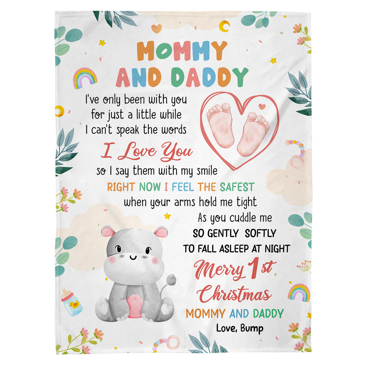 Merry 1st Christmas Mommy Daddy I've Only Been With You A While Footprint Baby Hippo, Personalized Blanket, Gifts For New Parents, Fleece Sherpa Blanket, New Parents, Gifts For Xmas
