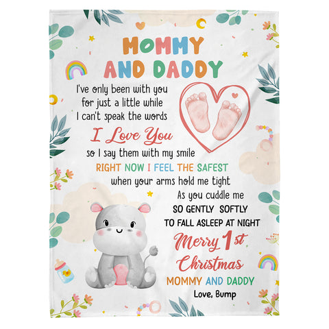 Merry 1st Christmas Mommy Daddy I've Only Been With You A While Footprint Baby Hippo, Personalized Blanket, Gifts For New Parents, Fleece Sherpa Blanket, New Parents, Gifts For Xmas