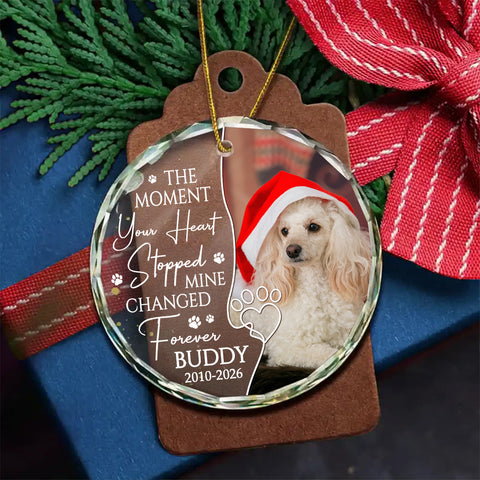 The Moment Your Heart Stopped Mine Changed Forever, Dog Memorial Glass Ornament, Custom Photo Pet Loss Remembrance Keepsake, Memorial Item For Dogs, Gifts For Loss Of Dog, Tree Decor