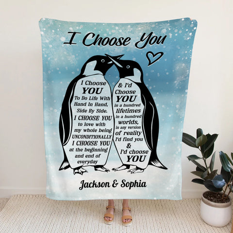 Mr And Mrs Gifts, Penguin Couple Silhouette Vintage I'd Find You & I'd Choose You, Personalized Blanket, Gifts For Him Her Honey, Custom Fleece Sherpa Blanket For Valentine Anniversary