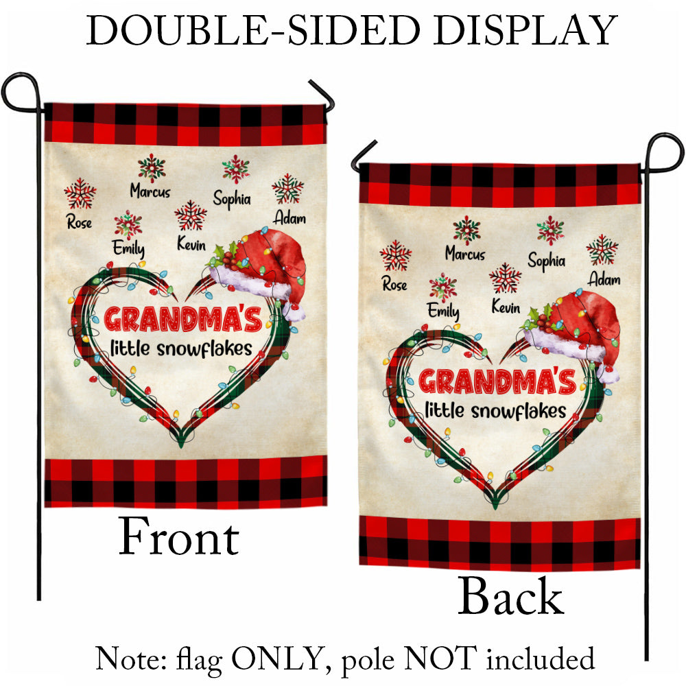 Custom Grandmas Little Snowflakes Flag, Christmas Plaid Heart Santa Hat Names Yard Sign, Holiday Season Lawn Decor, Custom Grandchildren Name Banner,  Gifts For Nana From Grandkids