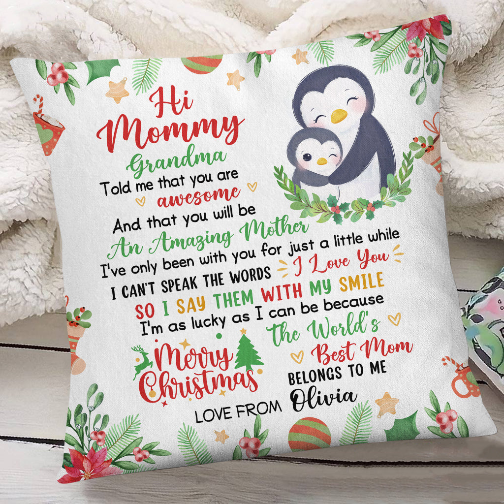 Personalized Square Pillow For New Mom From Family Gifts Penguin Hug Baby Grandma Told Me That You Are Awesome Merry Christmas Custom Name Double Sided Sofa Couch Cushion On Christmas