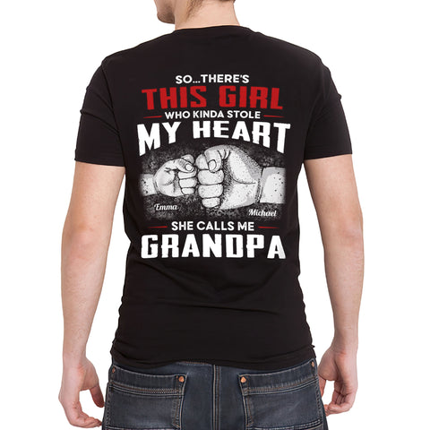 Personalized T-Shirt For Papa From Granddaughter Grandson Girl Who Kinda Stole Heart Custom Name Grandpa Gifts Ideas Short Sleeve Tops Tee Shirt For Men Family On Birthday Xmas Fathers Day