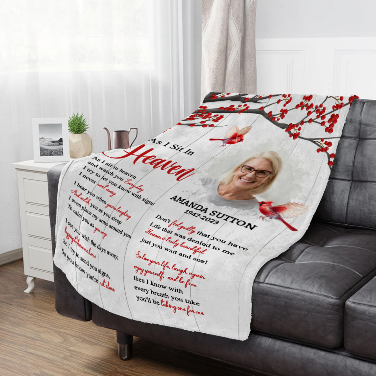 Sympathy Gifts, Memorial Blanket With Photo, Sympathy Memorial, Heaven Watching Over Family Verse, Heaven Message With Red Birds, Loss Of Mom Dad Blanket, Fleece Sherpa, Funeral Gifts