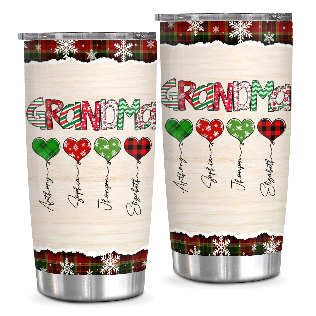 Grandma Christmas Heart Balloons Tumbler, Custom Grandkids Name Travel Cup, Festive Plaid Drinkware, Personalised Grandma Xmas Personalized Tumbler, Gifts For Nana Grandmother