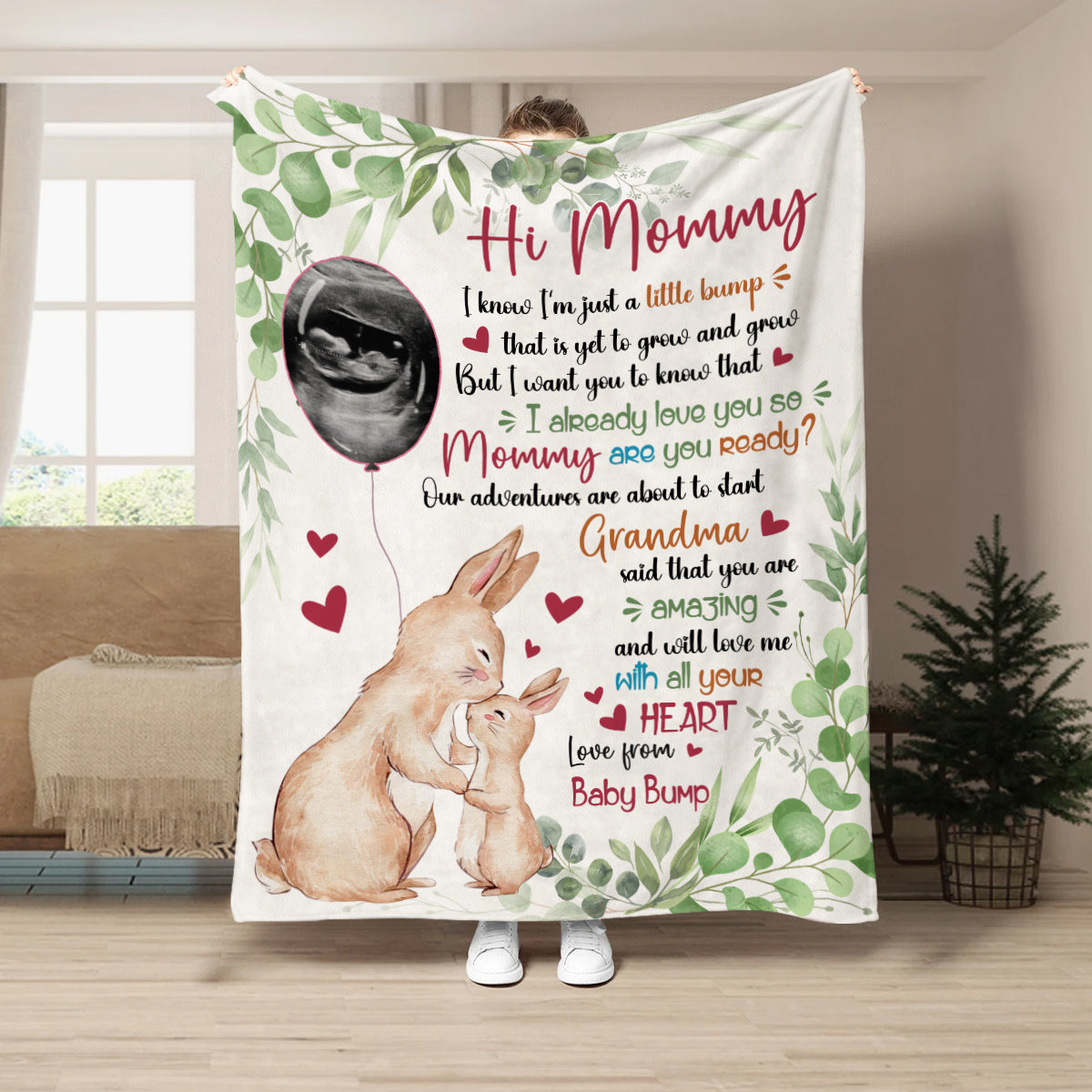 I Already Love You Leaf Mommy Baby Rabbit With Balloon Green Leaf, Personalized Blanket, Gifts For Mom To Be, Fleece Sherpa, New Mom Blanket, Gifts For Mother's Day