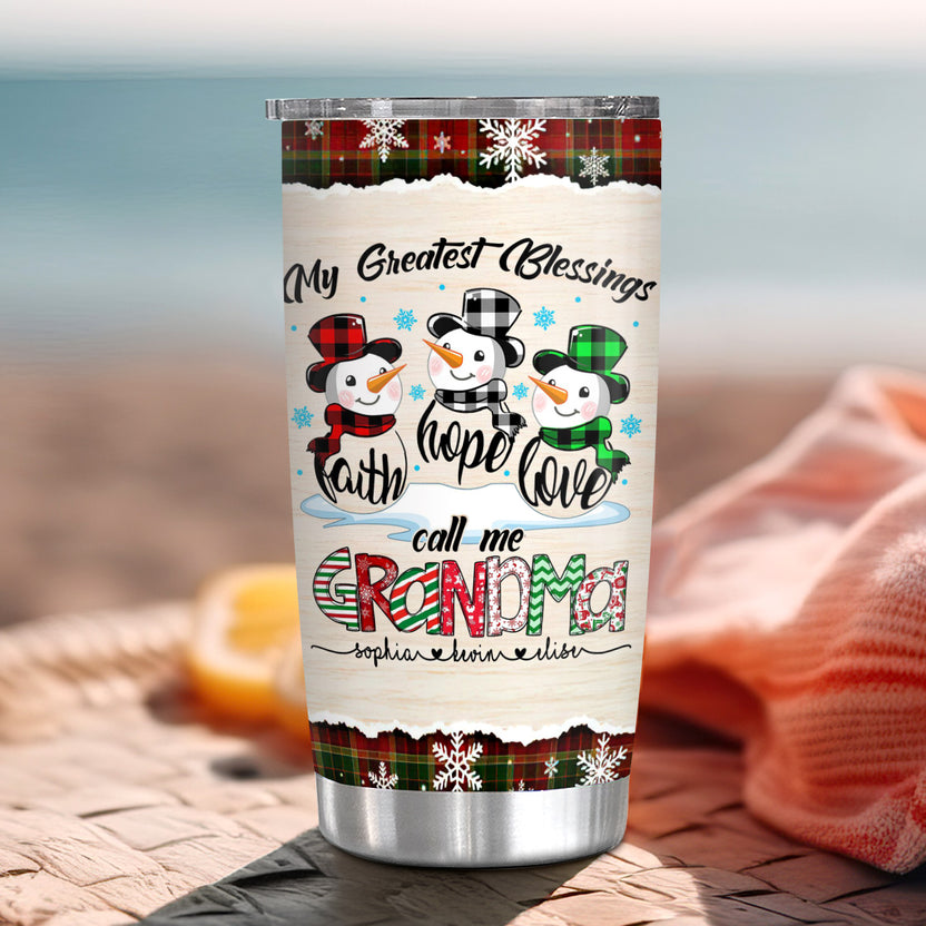 Cute Xmas Hope Love Grandchild Name Cup, Insulated Drinkware, Custom Grandma Christmas Tumbler, Festive Drinkware , Personalized Tumbler, Gifts For Nana From Grandkids, 20oz With Lid