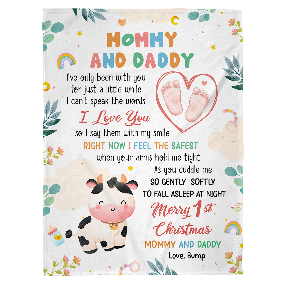 Merry 1st Christmas Mommy Daddy I've Only Been With You A While Footprint Baby Cow, Personalized Blanket, Gifts For New Parents, Fleece Sherpa Blanket, New Parents For Xmas Christmas