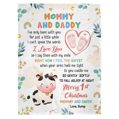 Merry 1st Christmas Mommy Daddy I've Only Been With You A While Footprint Baby Cow, Personalized Blanket, Gifts For New Parents, Fleece Sherpa Blanket, New Parents For Xmas Christmas