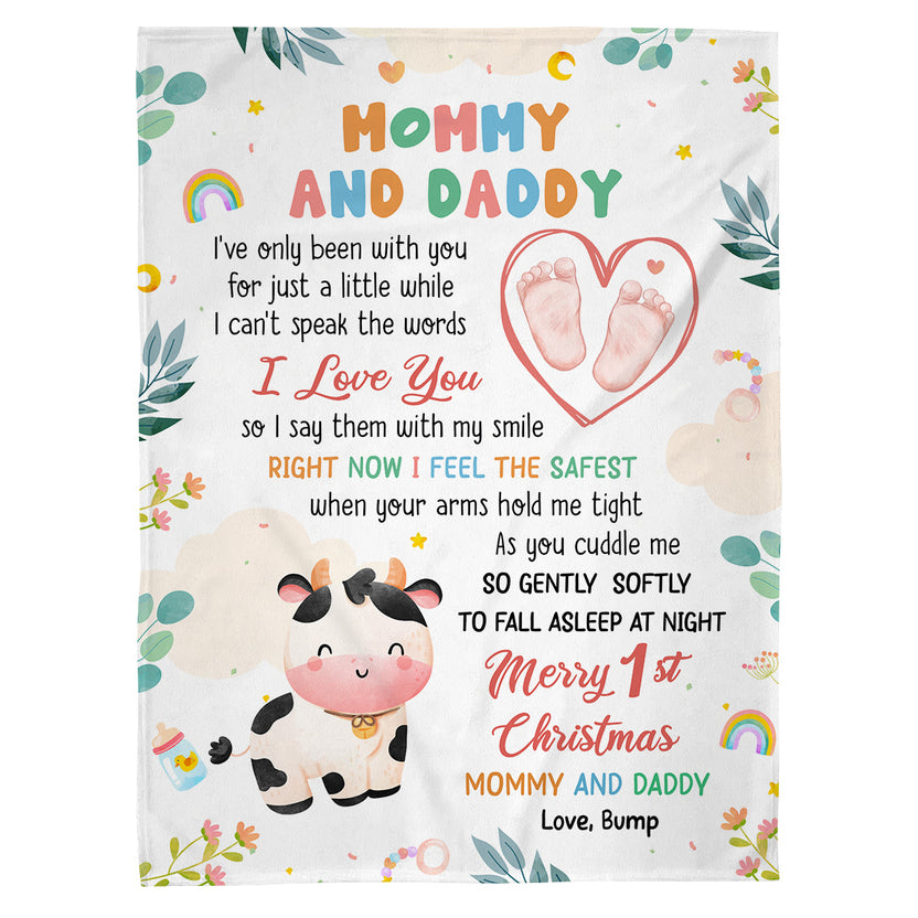 Merry 1st Christmas Mommy Daddy I've Only Been With You A While Footprint Baby Cow, Personalized Blanket, Gifts For New Parents, Fleece Sherpa Blanket, New Parents For Xmas Christmas
