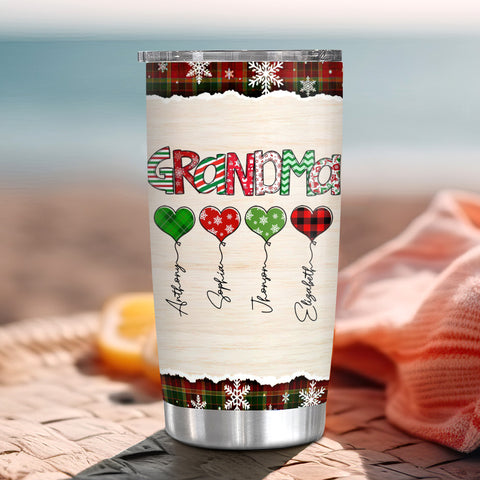 Grandma Christmas Heart Balloons Tumbler, Custom Grandkids Name Travel Cup, Festive Plaid Drinkware, Personalised Grandma Xmas Personalized Tumbler, Gifts For Nana Grandmother