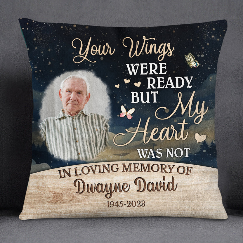 Sympathy Photo Memorial Square Pillow, Your Wings Were Ready But Hearts Was Not Butterflies Hearts Wooden, Gifts For Loss Of Mom Dad, Sofa Couch, Funeral Gifts For Anniversary