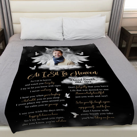 Sympathy Gifts, Memorial Blanket With Photo, Personalized Memorial Blanket, Heavenlies Angel Portrait Artwork, Remembrance Verse With Clouds And Doves, Spiritual Comfort Message