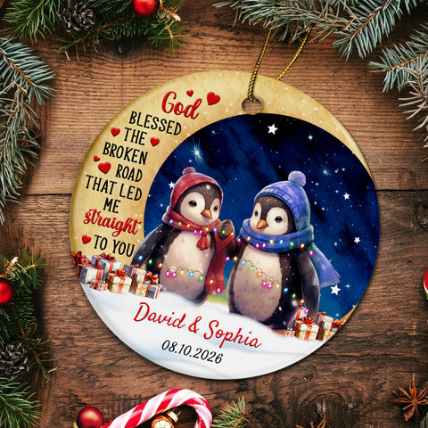 God Blessed The Road That Led Me To You Cute Penguin Couple Crescents Moon, Penguin Couple Holiday Keepsake, Couples Christmas Ornament, Tree Decor, Personalized Christmas Ornament