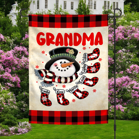 Grandma House Flag, Custom Christmas Grandkids Names Banner, Plaid Stockings Winter Outdoor Decor, Holiday Yard Decor, Grandma Christmas Garden Banner,  Gifts For Nana From Grandkids
