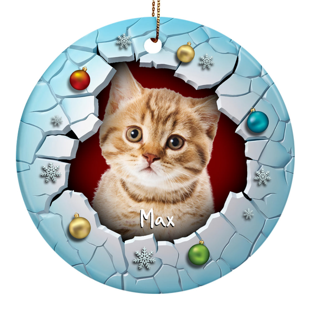 Fluffy Cat Christmas Ornament 3d Break Through Circle Circle Ceramic/ Plastic Design, Custom Name Pet Decoration, Holiday Keepsake Gifts, Personalized Christmas Ornament, Gifts For Cat