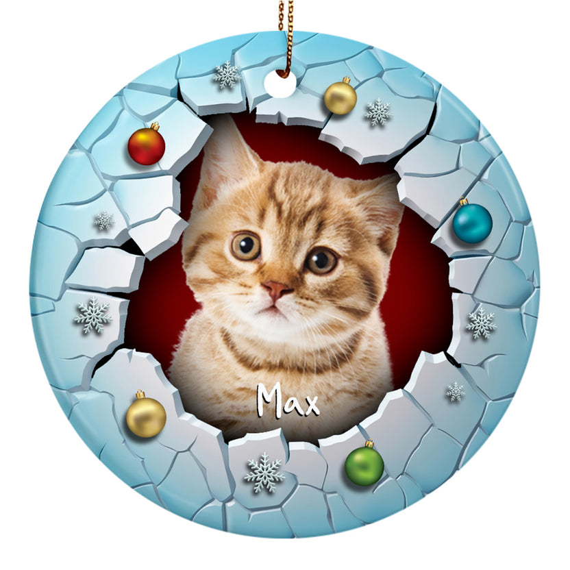 Fluffy Cat Christmas Ornament 3d Break Through Circle Circle Ceramic/ Plastic Design, Custom Name Pet Decoration, Holiday Keepsake Gifts, Personalized Christmas Ornament, Gifts For Cat