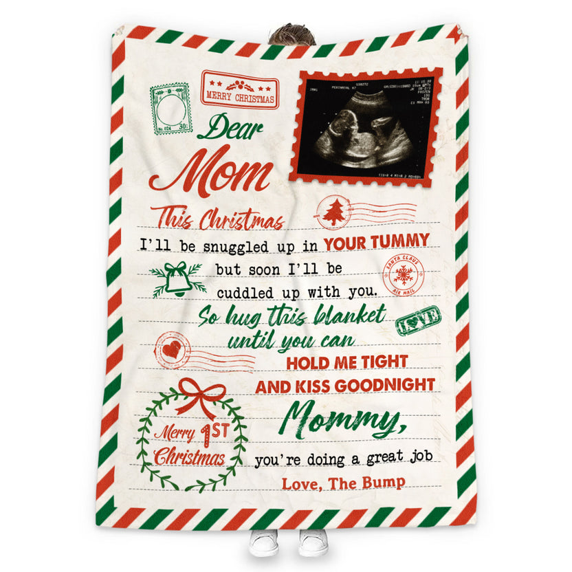 Personalized Blanket For New Mom From Baby Bump Daddy I'll Be Snuggled Up In Your Tummy Merry 1St Christmas Cute Gifts For New Mom Custom Name Photo Fleece Sherpa Blanket For Christmas