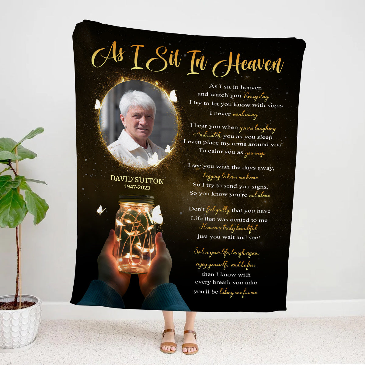 Sympathy Gifts, Personalized Memorial Blanket With Photo, Remembrance Blanket, Memorial Message From Above, Heaven Remembrance, Glowing Jar With Butterflies, Portrait Tribute Style