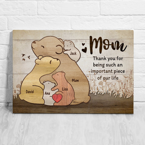 Gifts For Mom, Thanks For Being Such An Piece Of Our Life Mommy Kids Bear Wooden Pieces Canvas Wall Art, Gifts From Daughter Son, Poster Prints Wall Decor, Gifts For Mothers Day Xmas