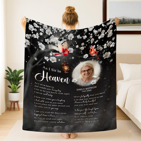 Sympathy Gifts, Memorial Blanket With Photo, In Memory Blanket, Heaven Watching Over Message, Portrait Photo Area, Lantern And Red Birds Artwork, Comfort Verse About Heaven, Loss Of Mom