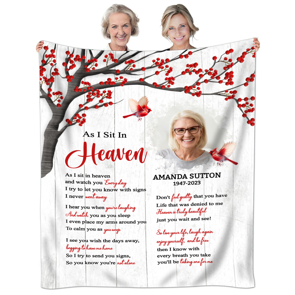 Sympathy Gifts, Memorial Blanket With Photo, Sympathy Memorial, Heaven Watching Over Family Verse, Heaven Message With Red Birds, Loss Of Mom Dad Blanket, Fleece Sherpa, Funeral Gifts
