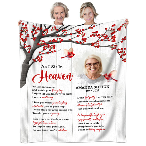 Sympathy Gifts, Memorial Blanket With Photo, Sympathy Memorial, Heaven Watching Over Family Verse, Heaven Message With Red Birds, Loss Of Mom Dad Blanket, Fleece Sherpa, Funeral Gifts