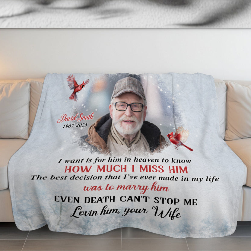 Sympathy Gifts, Personalized Memorial Blanket With Photo, For My Husband In Heaven I Am Not A Widow I Am A Wife To Husband With Wing, Loss Of Loved Ones Blanket Funeral Gifts