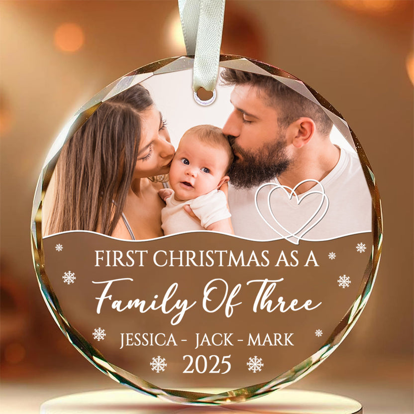 First Christmas As A Family Of Three Circle Glass Ornament, Personalized Photo Christmas Ornament, Gifts For New Parents