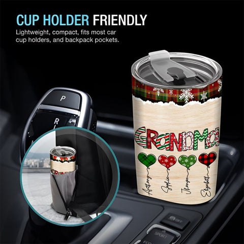 Grandma Christmas Heart Balloons Tumbler, Custom Grandkids Name Travel Cup, Festive Plaid Drinkware, Personalised Grandma Xmas Personalized Tumbler, Gifts For Nana Grandmother
