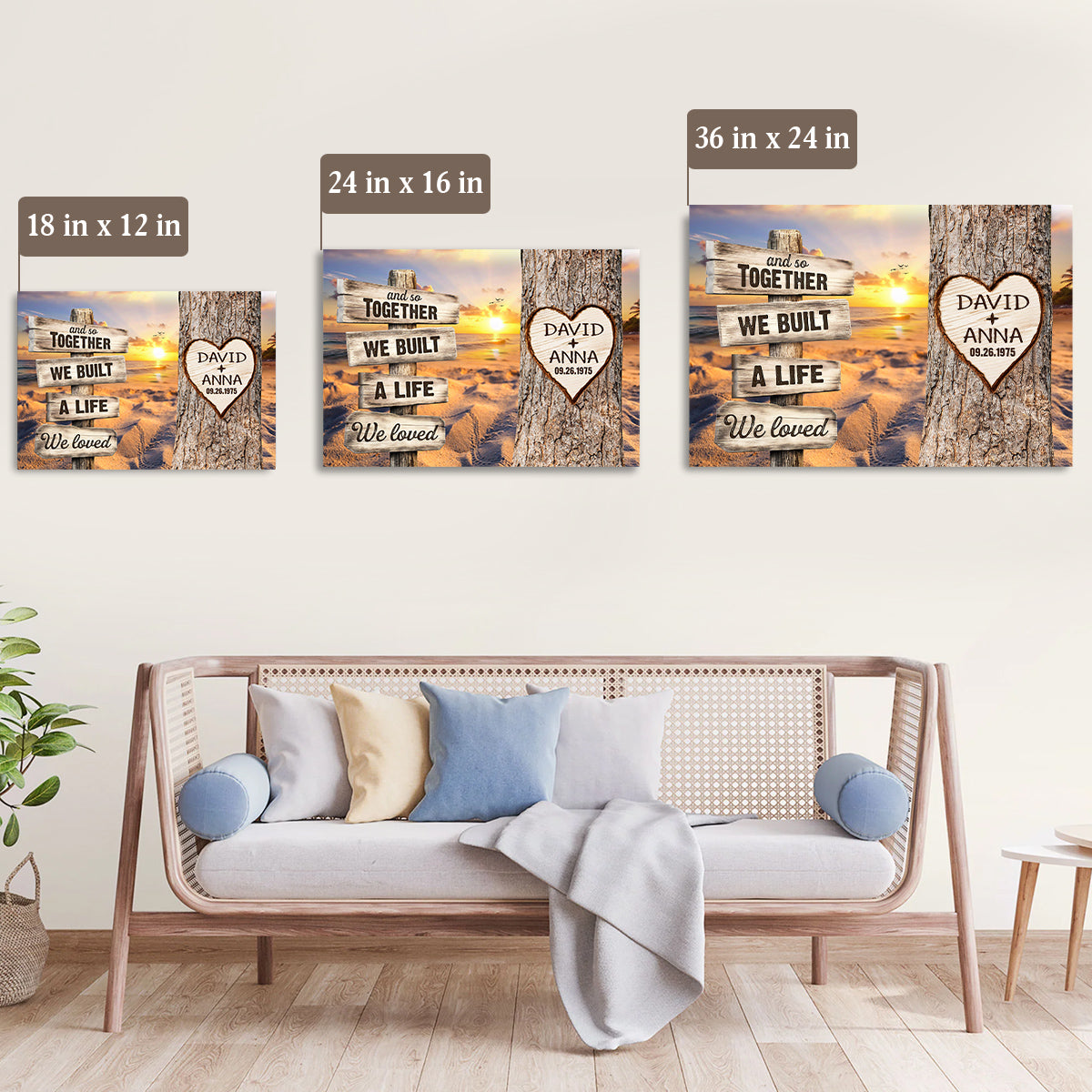 And So Together We Built A Life We Loved Rustic Wood Sign With Tree Heart & Sunset Beach Canvas Poster Gifts For Couple