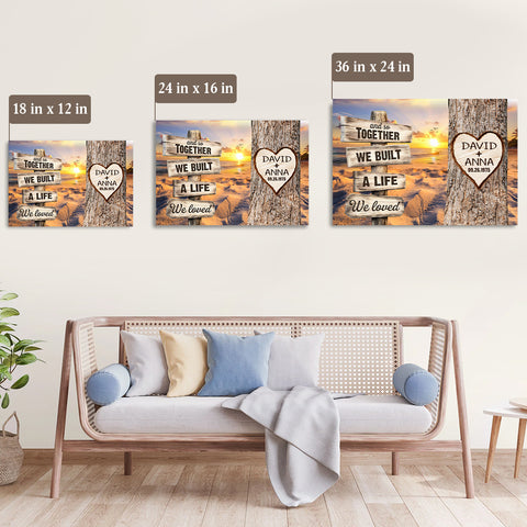 And So Together We Built A Life We Loved Rustic Wood Sign With Tree Heart & Sunset Beach Canvas Poster Gifts For Couple