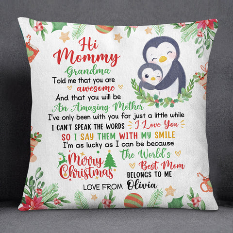 Personalized Square Pillow For New Mom From Family Gifts Penguin Hug Baby Grandma Told Me That You Are Awesome Merry Christmas Custom Name Double Sided Sofa Couch Cushion On Christmas