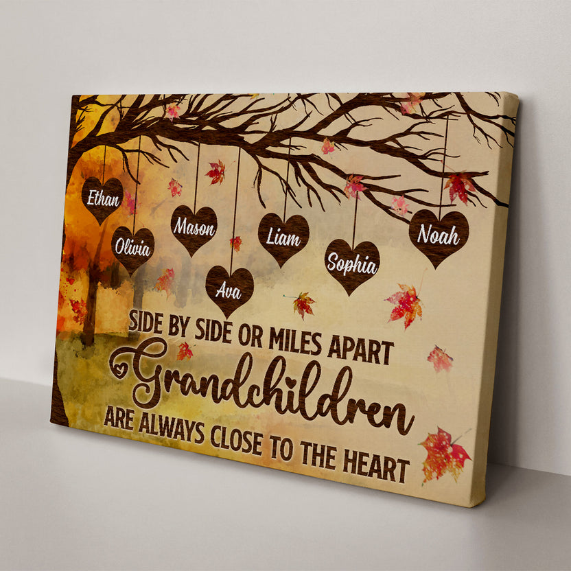 Grandma Gifts, Side By Side Or Miles Apart Grandchildren Are Always Close To The Heart Autumn Tree Heart With Names Canvas Wall Art, Gifts For Nana From Grandkids, Poster Prints Wall