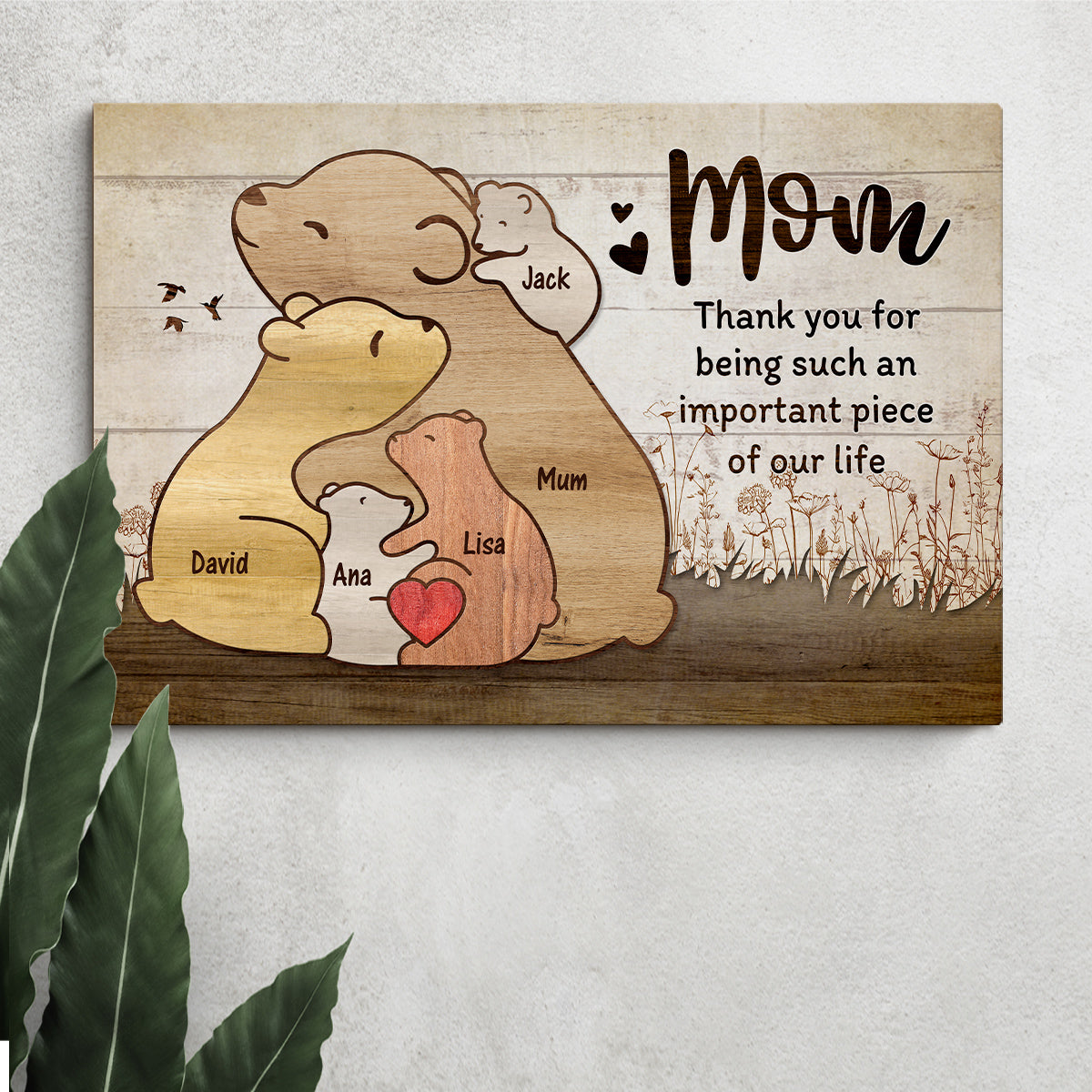 Gifts For Mom, Thanks For Being Such An Piece Of Our Life Mommy Kids Bear Wooden Pieces Canvas Wall Art, Gifts From Daughter Son, Poster Prints Wall Decor, Gifts For Mothers Day Xmas