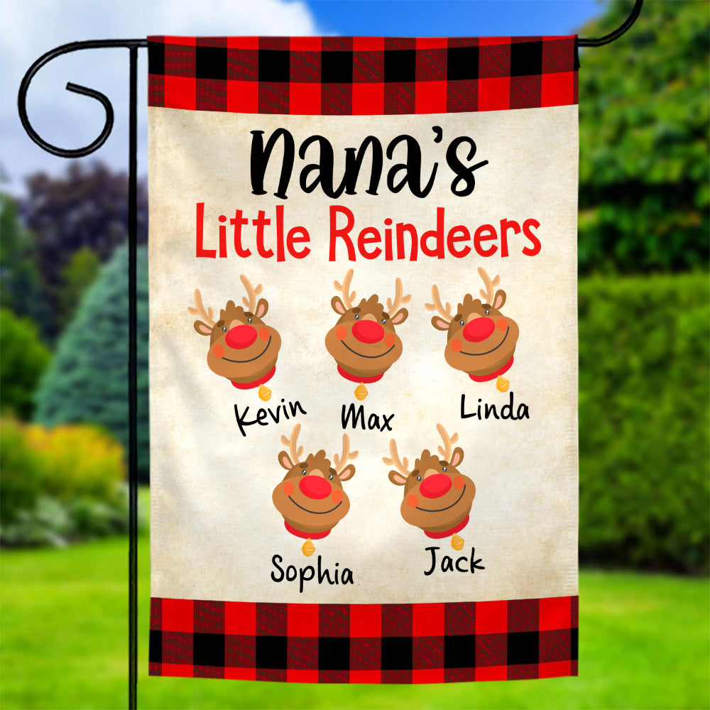 Nana's Little Reindeers Garden Flag, Custom Grandkids Names Outdoor Banner, Red Plaid Yard Decor, Christmas Reindeer Names Yard Sign, Holiday Decor Garden Flag, Gifts For Grandkids