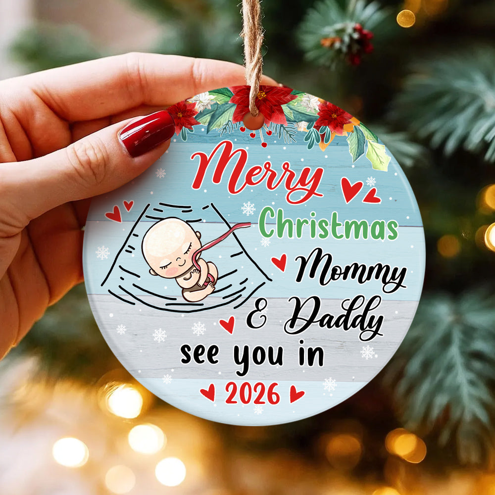 Mom To Be Gifts, Merry Christmas As Mommy & Daddy Sleeping Baby Bump, Custom Baby Announcement Circle Ornament, Holiday Decor, Maternity Circle Ornament Gifts For New Mommy