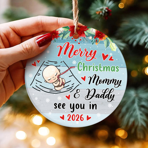 Mom To Be Gifts, Merry Christmas As Mommy & Daddy Sleeping Baby Bump, Custom Baby Announcement Circle Ornament, Holiday Decor, Maternity Circle Ornament Gifts For New Mommy