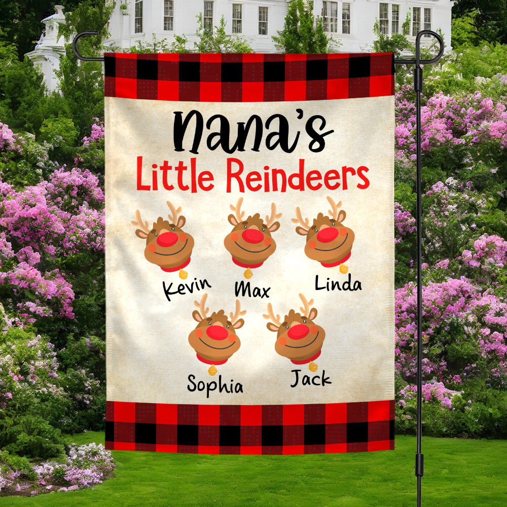 Nana's Little Reindeers Garden Flag, Custom Grandkids Names Outdoor Banner, Red Plaid Yard Decor, Christmas Reindeer Names Yard Sign, Holiday Decor Garden Flag, Gifts For Grandkids