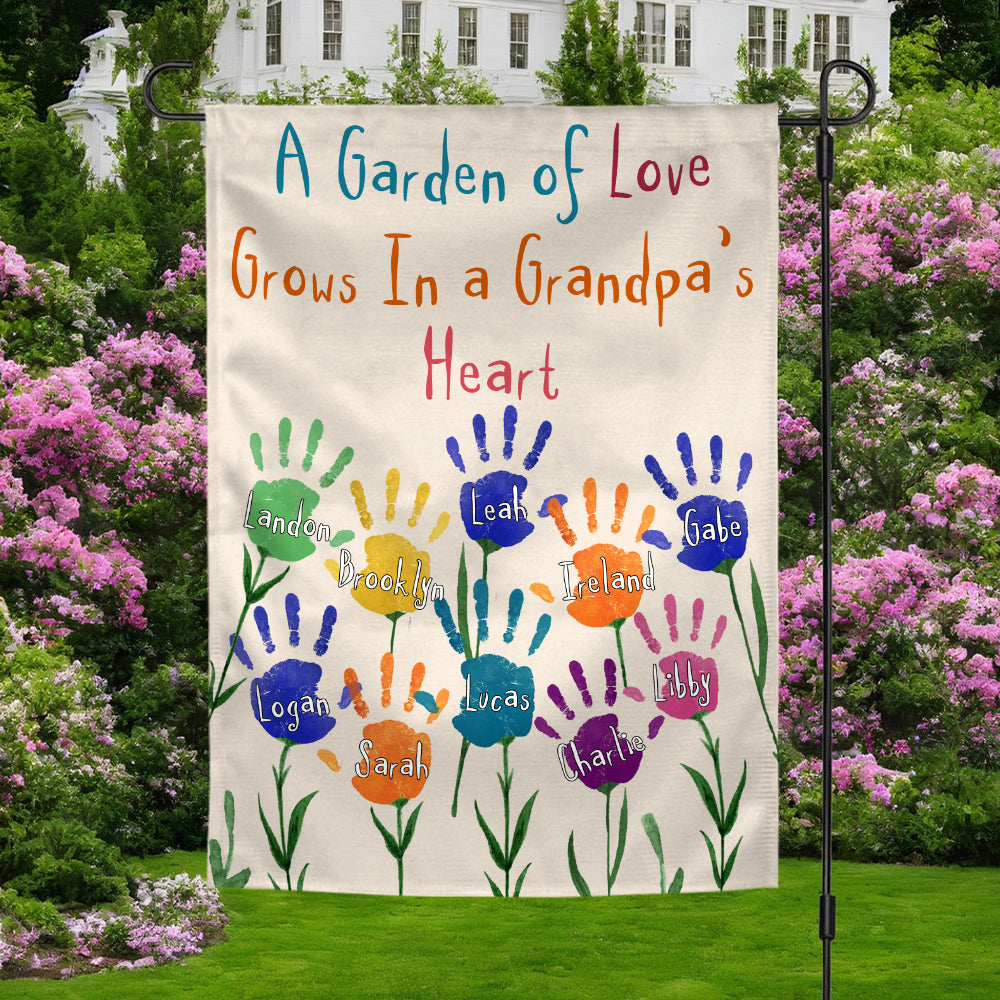 Grandma Gifts, A Garden Grows In Grandpas Heart Custom Banner, Custom Kids Names Garden Flag, Outdoor Flower Yard Decor, Home Floral Decoration, Handprint Decor, Personalized Garden Flag, Gifts For Nana From Grandkids, Double Sided Outside Welcome Flag, G
