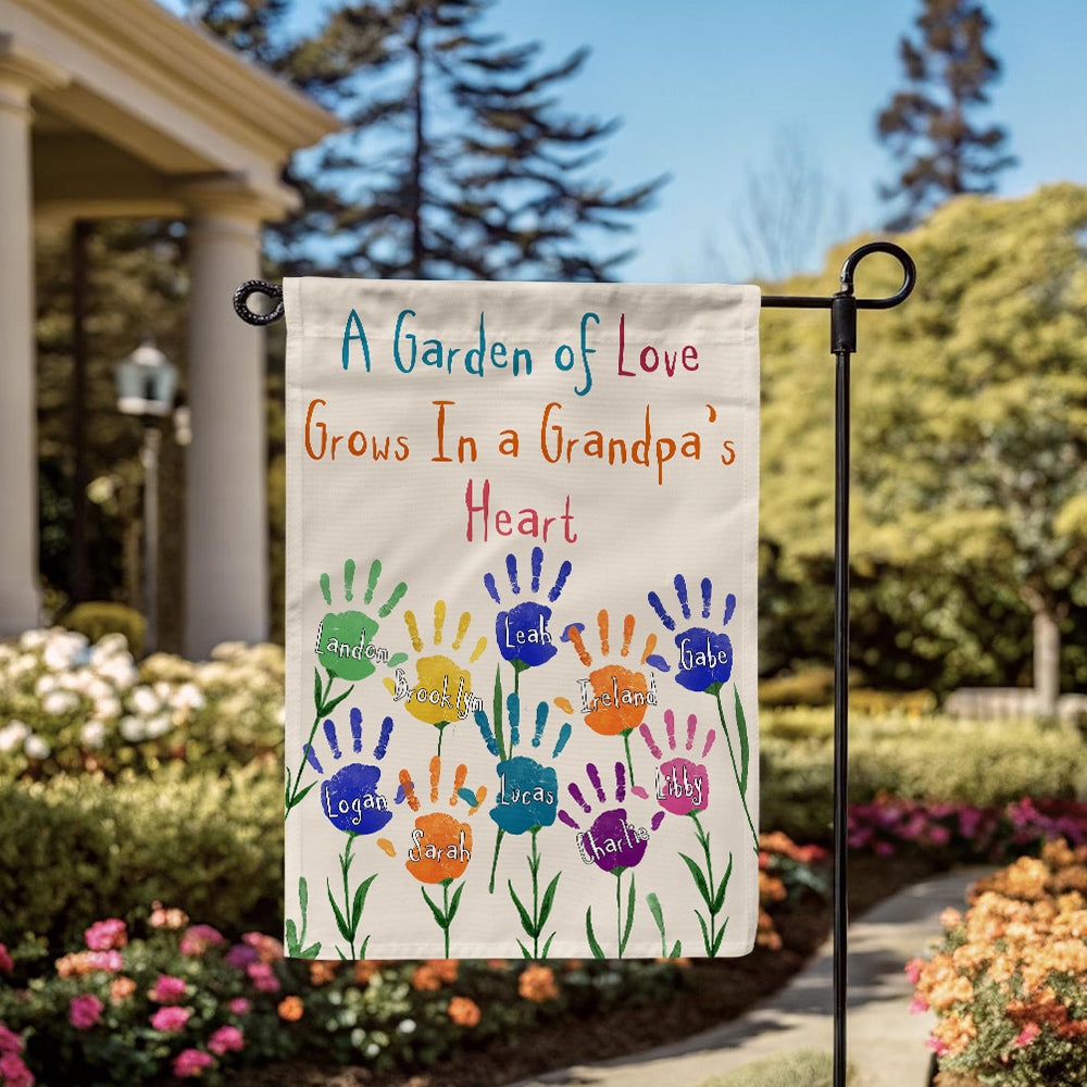 Grandma Gifts, A Garden Grows In Grandpas Heart Custom Banner, Custom Kids Names Garden Flag, Outdoor Flower Yard Decor, Home Floral Decoration, Handprint Decor, Personalized Garden Flag, Gifts For Nana From Grandkids, Double Sided Outside Welcome Flag, G